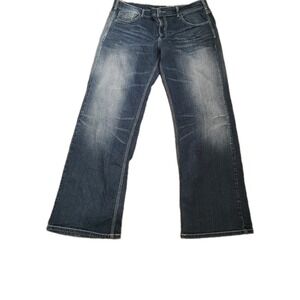 Helix Jeans Mens 38x32 Blue Loose Straight Embroidered‎ Whiskered Cotton Stretch